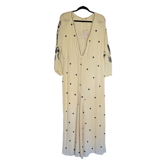 Free People Women's Embroidered Wide Leg Jumpsuit Ivory 3/4 Sleeves Size Small - Picture 7 of 16